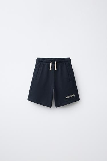 TEXT-PRINT JOGGER BERMUDA SHORTS — Dark navy 1