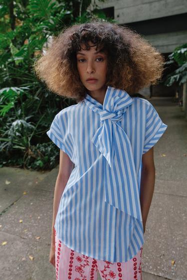 Zara BOW NECK STRIPED SHIRT - Blue / White