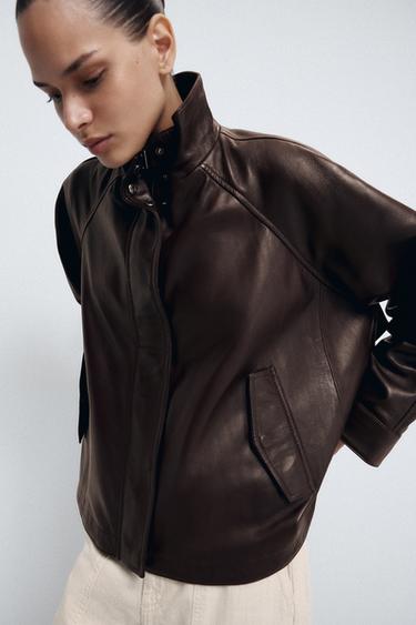 ZW COLLECTION 100% LEATHER BOMBER JACKET - Brown by Zara