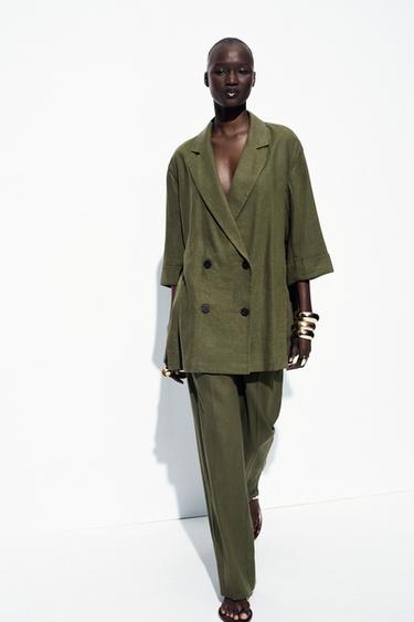 PANTALON LARGE AVEC LIN - Kaki foncé de Zara