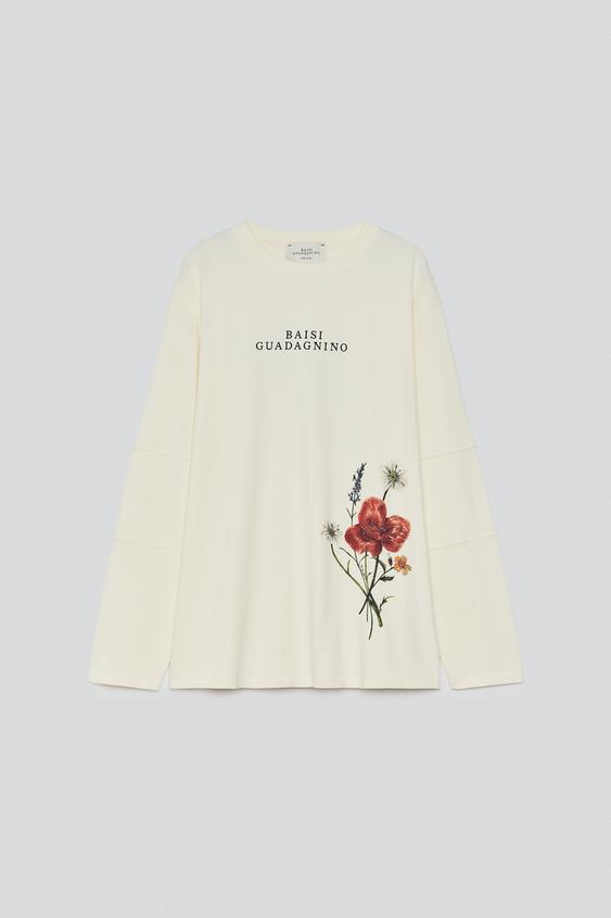 CONTRAST PRINT LONG SLEEVE T-SHIRT - White by Zara - Image 0