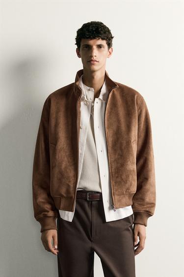 Zara FAUX SUEDE BOMBER JACKET - Brown