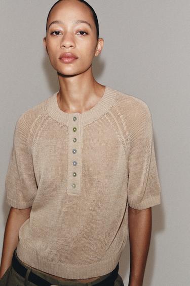 SHORT SLEEVE KNIT BUTTONED JUMPER - Sand by Zara