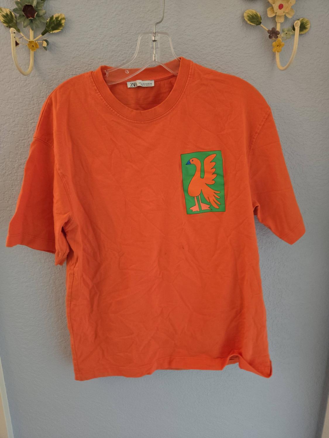 Orange short-sleeve T-shirt hanging on a hanger. It features a graphic of a bird in a green box and the ZARA label at the neck.