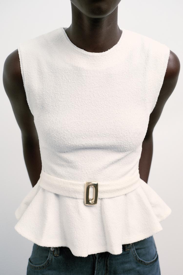 BOUCLÉ BUCKLE PEPLUM TOP