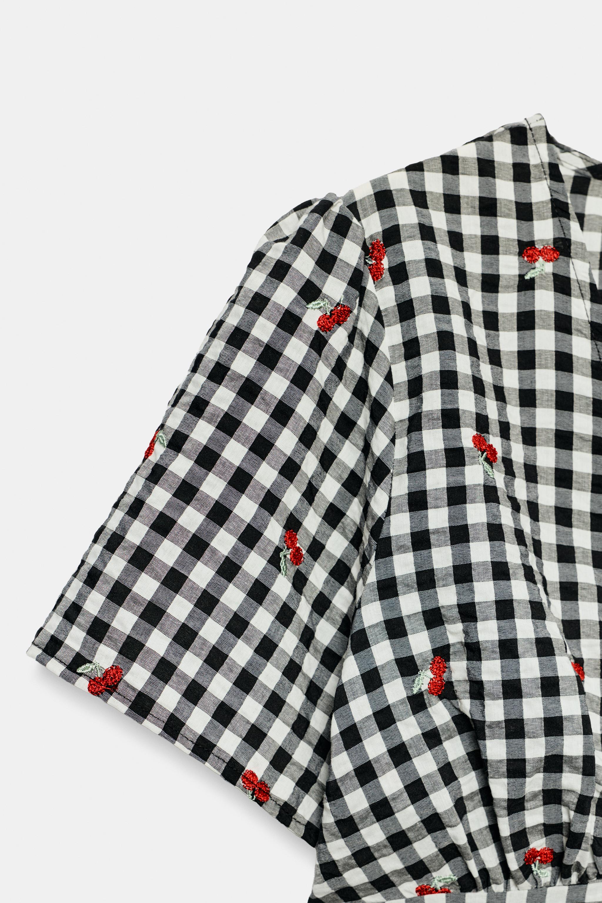 CHERRY EMBROIDERED GINGHAM TOP - Black / White | ZARA United States
