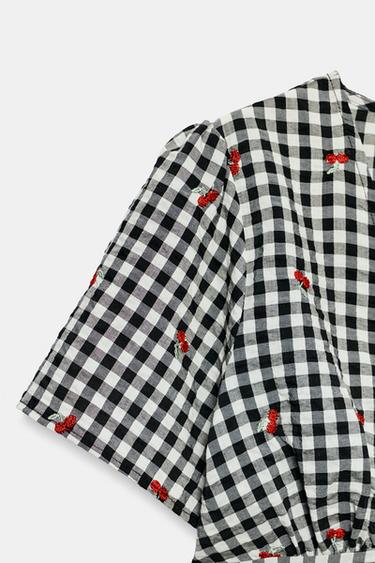 GINGHAM TOP WITH CHERRY EMBROIDERY - Black / White by Zara - Image 7