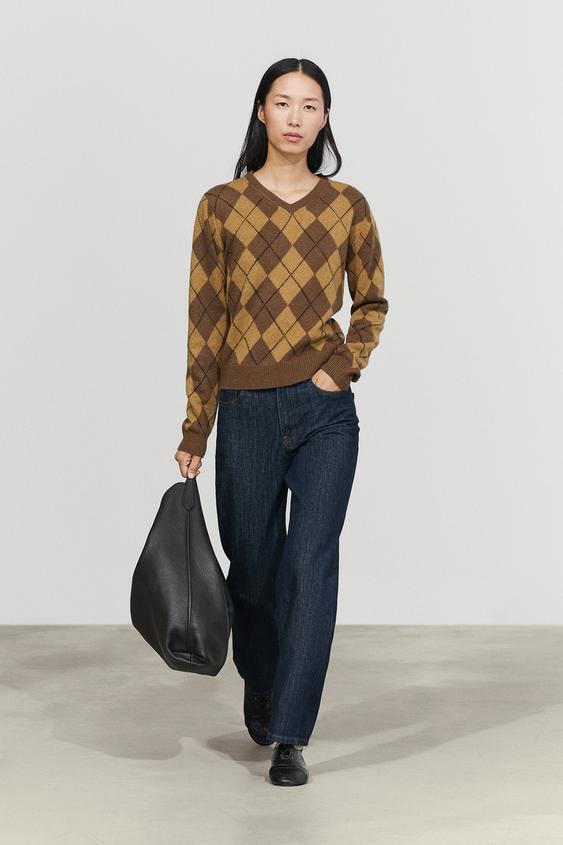 Jersey punto rombos 100% lana - Marrón claro de Zara - Imagen 0