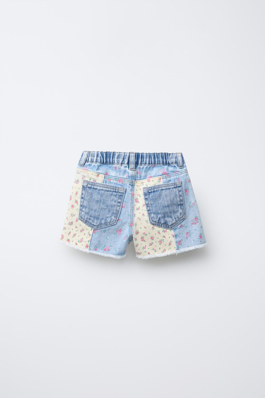 PATCHWORK FLORAL DENIM BERMUDA SHORTS