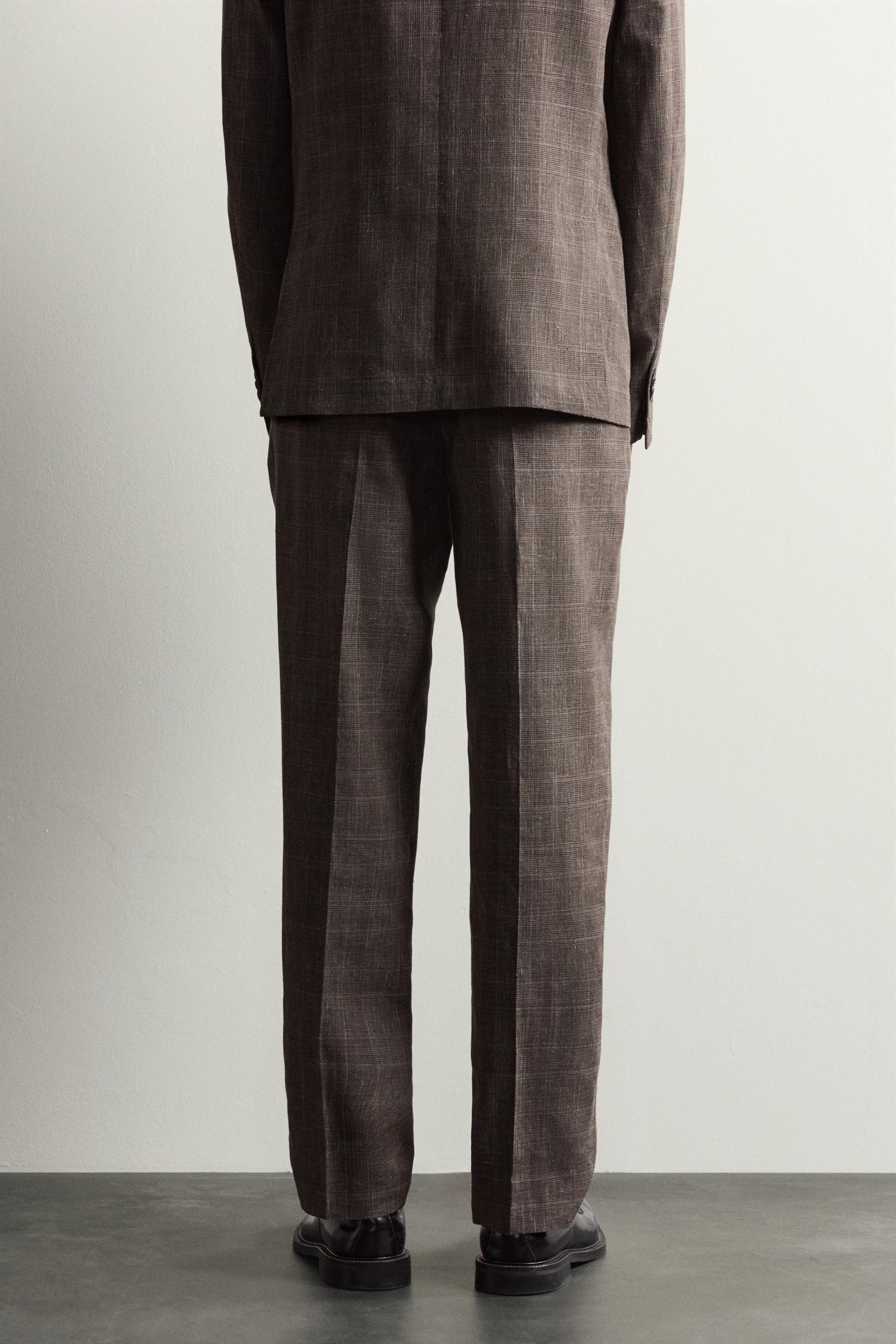 LINEN AND WOOL CHECK SUIT PANTS