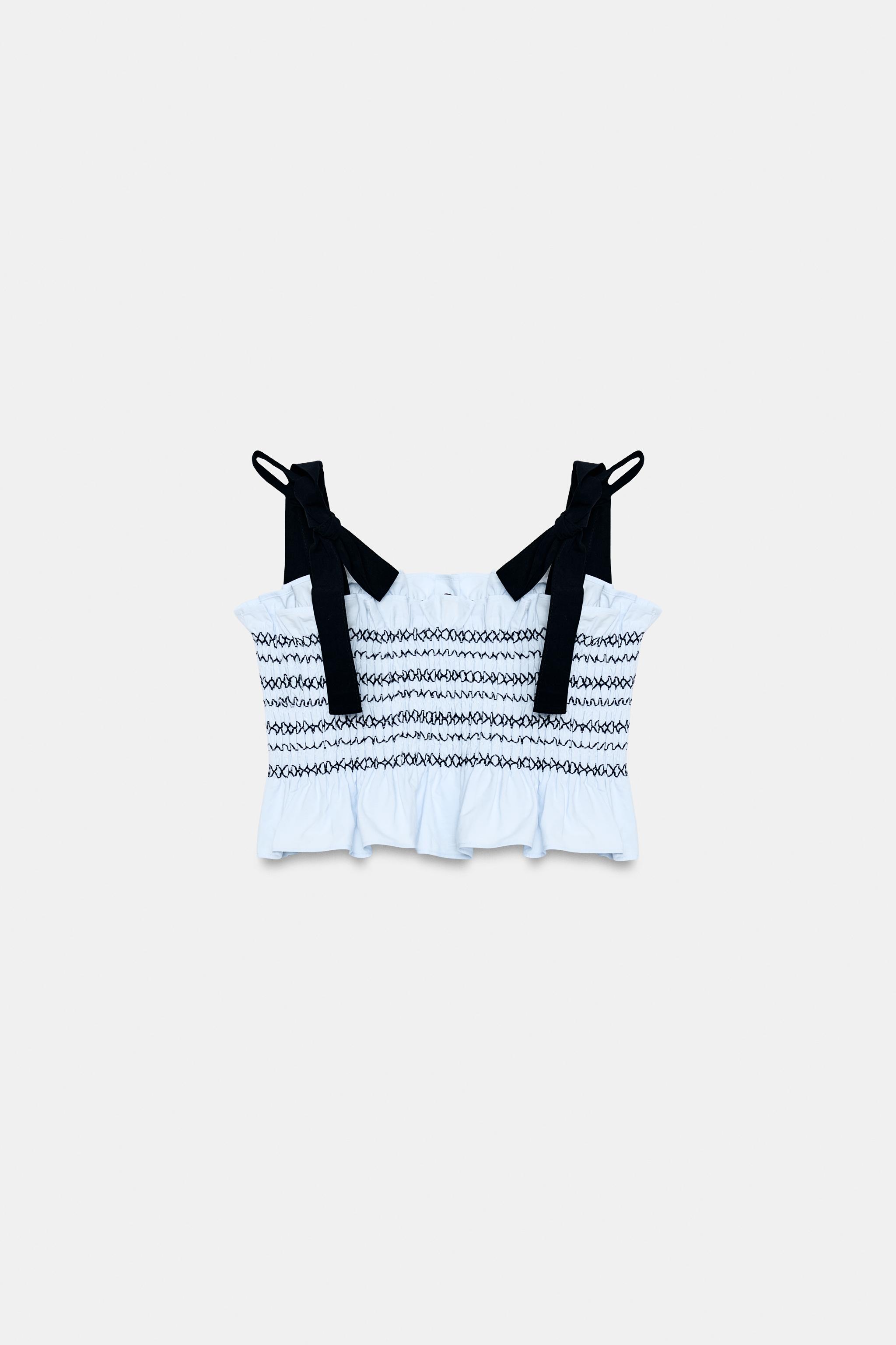 SMOCKED BOW TOP - Blue/White | ZARA Turkey