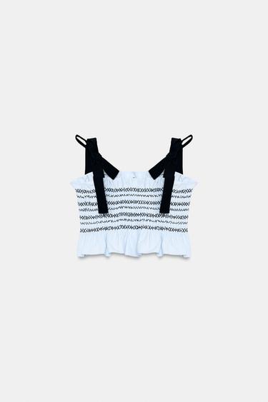 SMOCKED BOW TOP - Blue/White by Zara