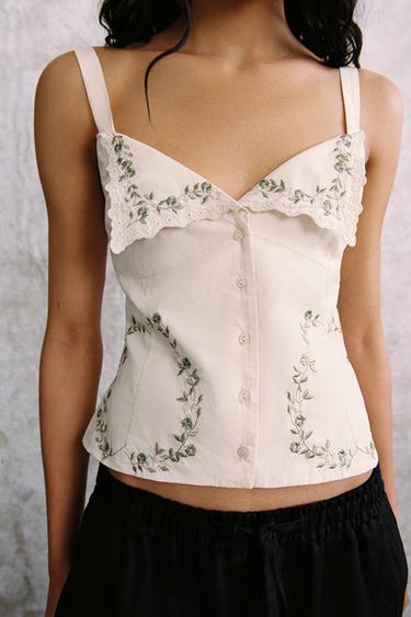 Zara EMBROIDERED POPLIN TOP - Beige