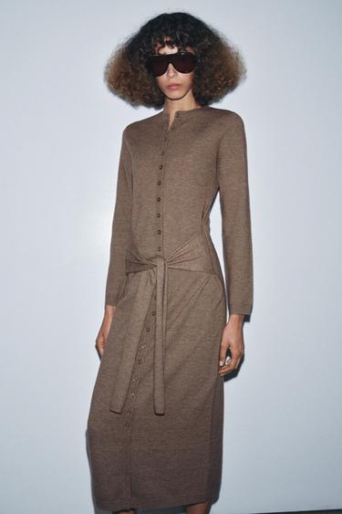 KNIT MIDI DRESS WITH BELT - Brown / Taupe by Zara - Image 3