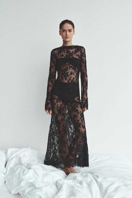 LONG LACE DRESS WITH BACK NECKLINE - Black | ZARA United States LONG LACE DRESS WITH BACK NECKLINE - Black | ZARA United States