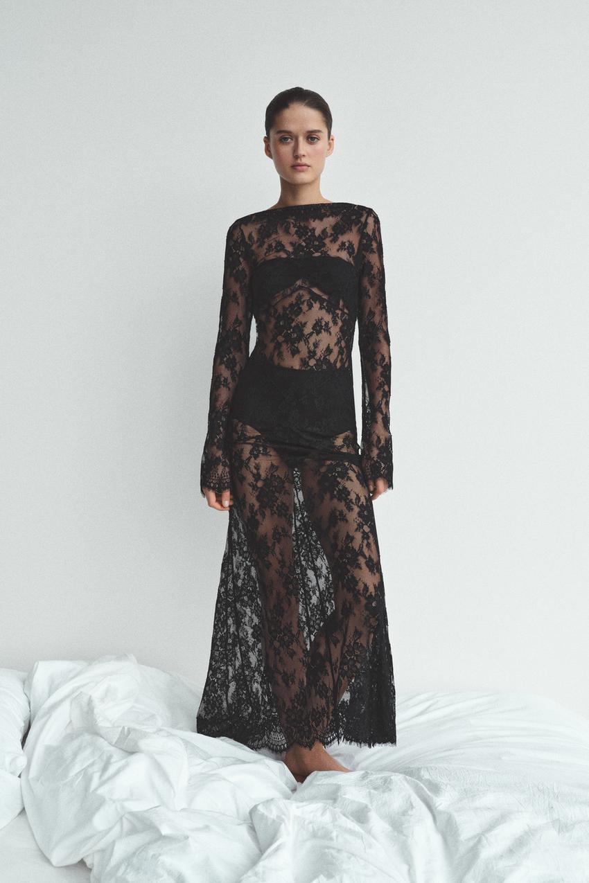 LONG LACE DRESS WITH BACK NECKLINE - Black | ZARA United States LONG LACE DRESS WITH BACK NECKLINE - Black | ZARA United States