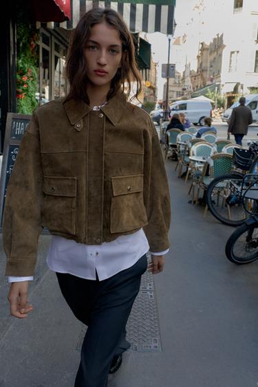 100% LEATHER BOMBER JACKET - Khaki by Zara - Image 3