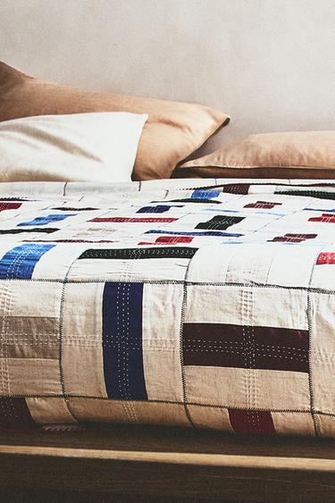 COTTON AND LINEN PATCHWORK BEDSPREAD X COLLAGERIE - Ecru by Zara