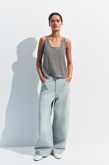 TOP À RAYURES EN COTON ET LIN - Écru / Marron de Zara - Image 3