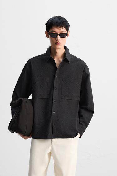 Zara RELAXED FIT SEERSUCKER SHIRT - Black