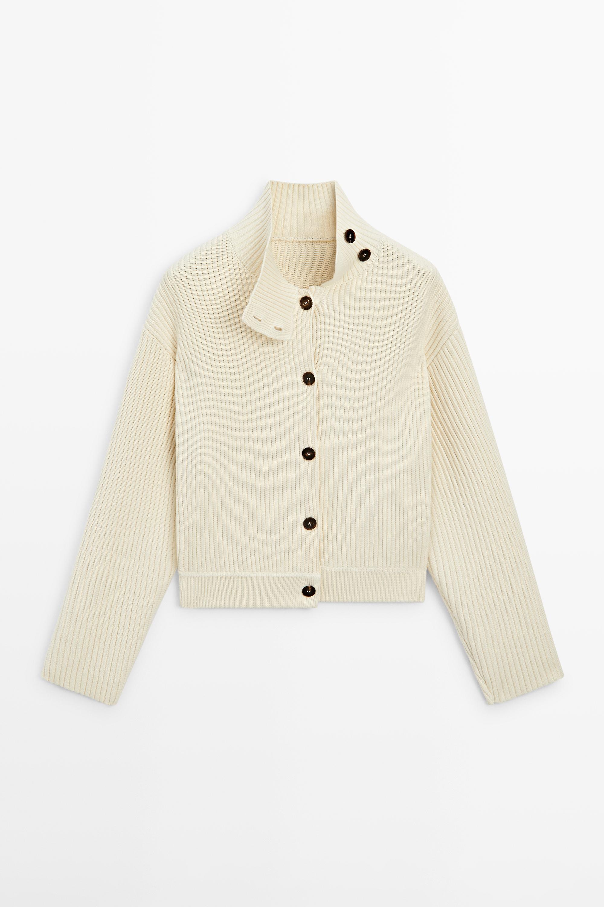 100% cotton turtleneck knit cardigan - Ecru | ZARA United States