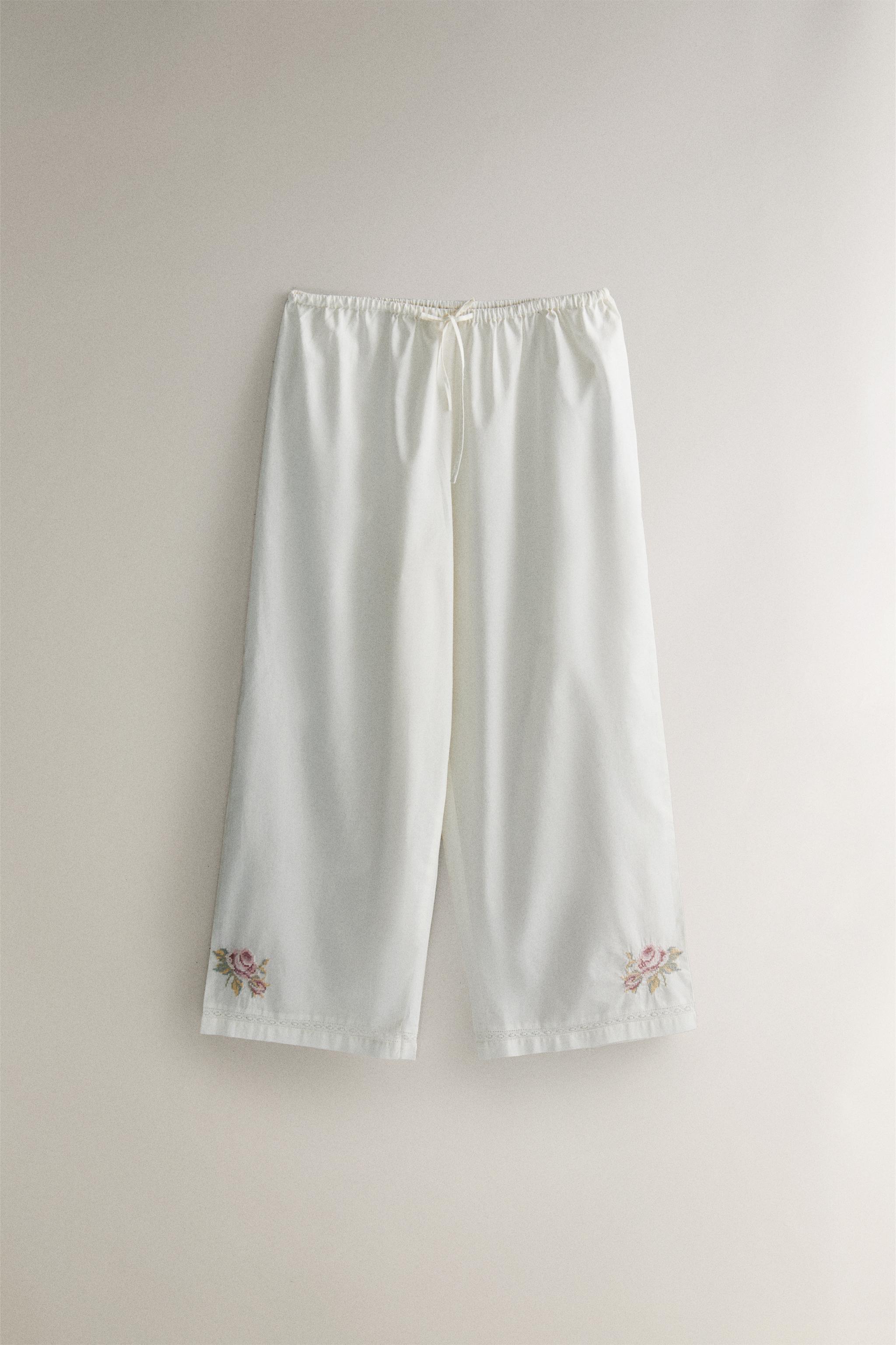 EMBROIDERED PANTS - Oyster-white | ZARA United States EMBROIDERED PANTS - Oyster-white | ZARA United States