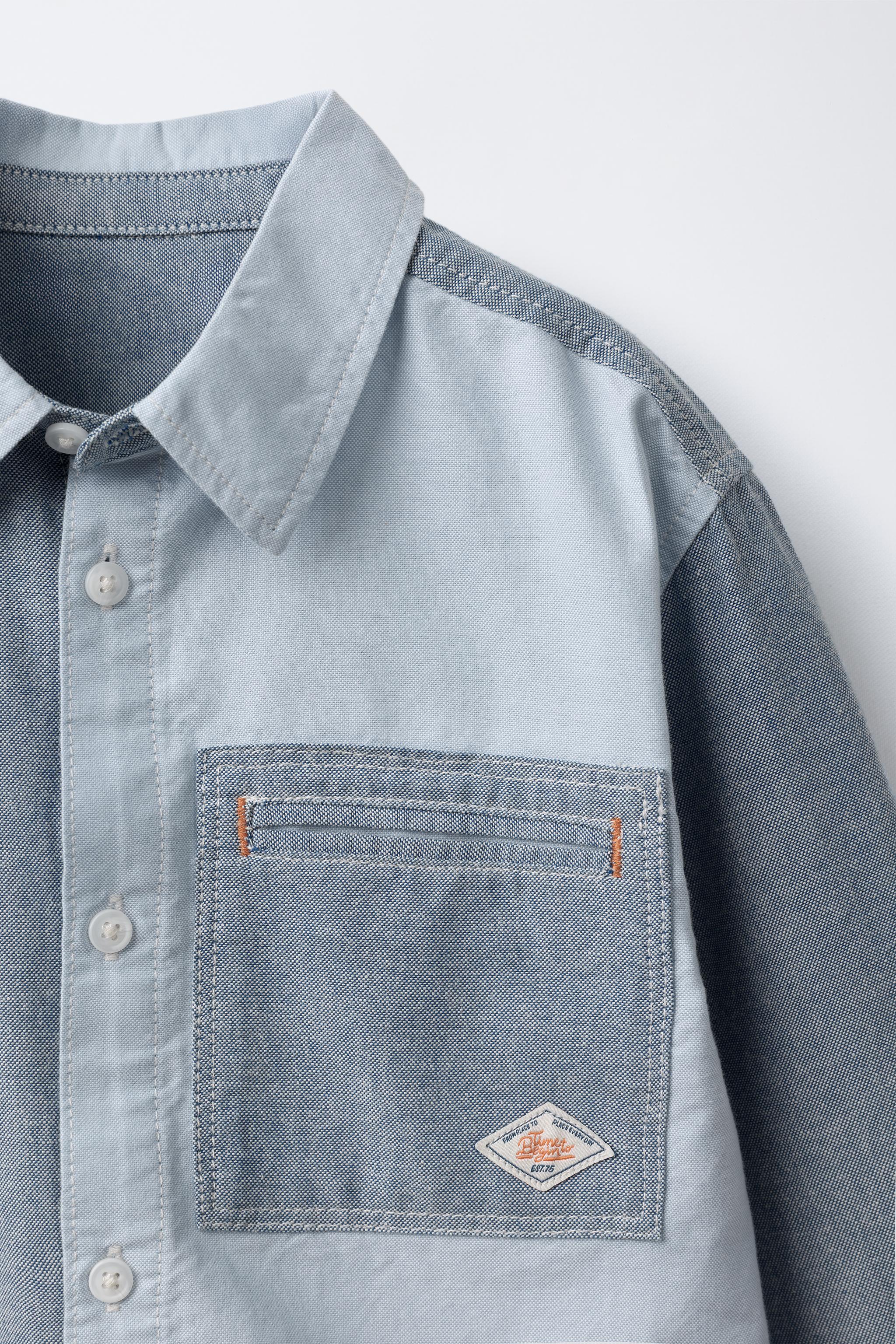 PATCHWORK OXFORD POCKET SHIRT - Blue | ZARA United States
