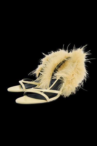 METALLIC FEATHER HIGH-HEEL SANDALS - Yellow by Zara