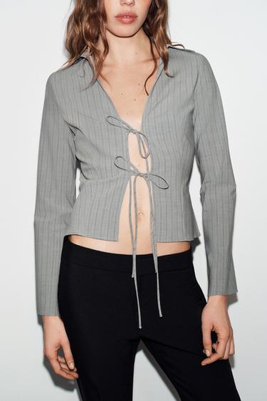 STRIPED SHIRT WITH BOWS - Grey marl by Zara - Image 4