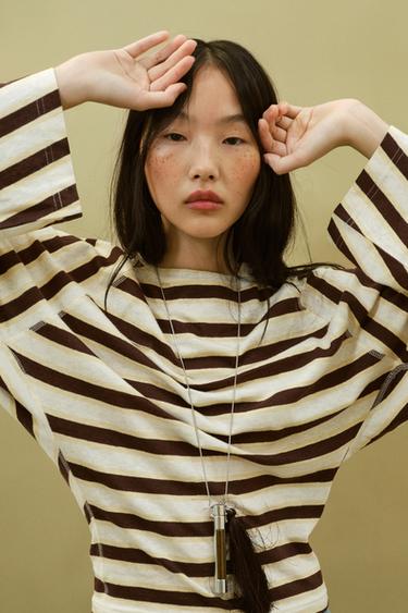 Zara STRIPED COTTON AND LINEN T-SHIRT - striped