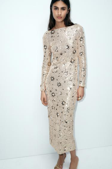 فستان ميدي بترتر - ذهبي الخاص بـ Zara