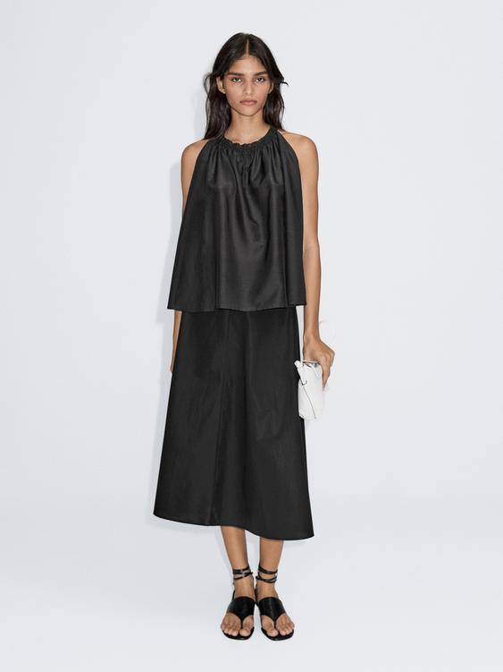 Cotton blend top with gathered neckline