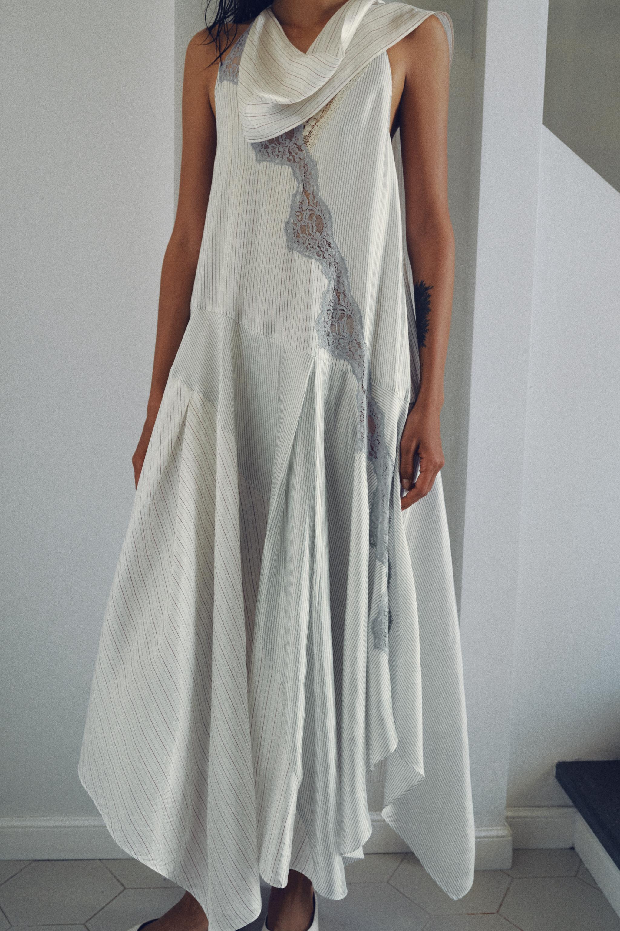 STRIPED LACE HALTER DRESS