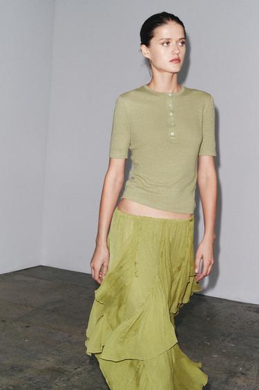 Zara BUTTONED LINEN T-SHIRT - Green