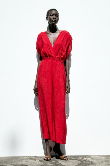 Zara WIDE V-NECK JUMPSUIT - Red