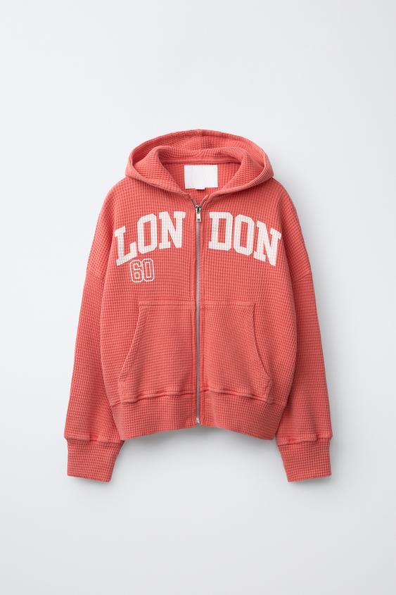 WAFFLE-KNIT HOODIE WITH SLOGAN - Red by Zara - Image 0