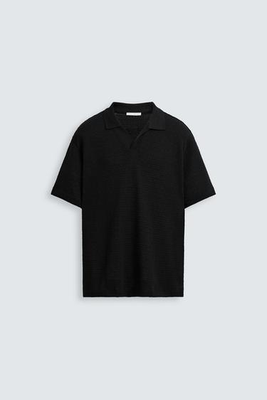 Zara GEOMETRIC JACQUARD POLO SHIRT - Black