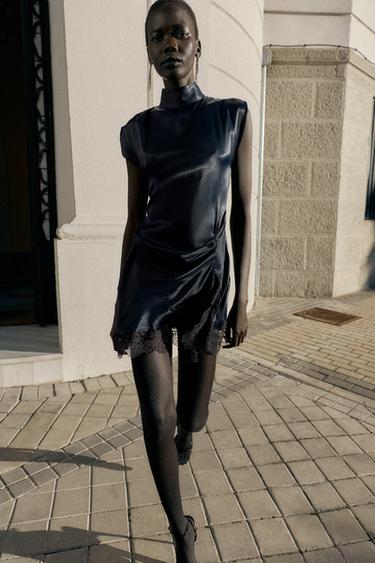 Zara 迷你緞面拼接蕾絲連身裙 - 海藍色