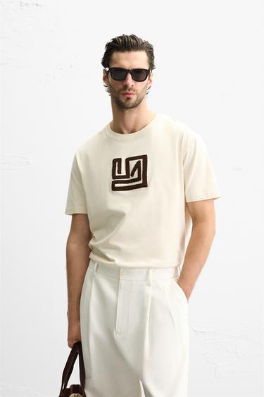 CONTRAST EMBROIDERY T-SHIRT - Ecru by Zara