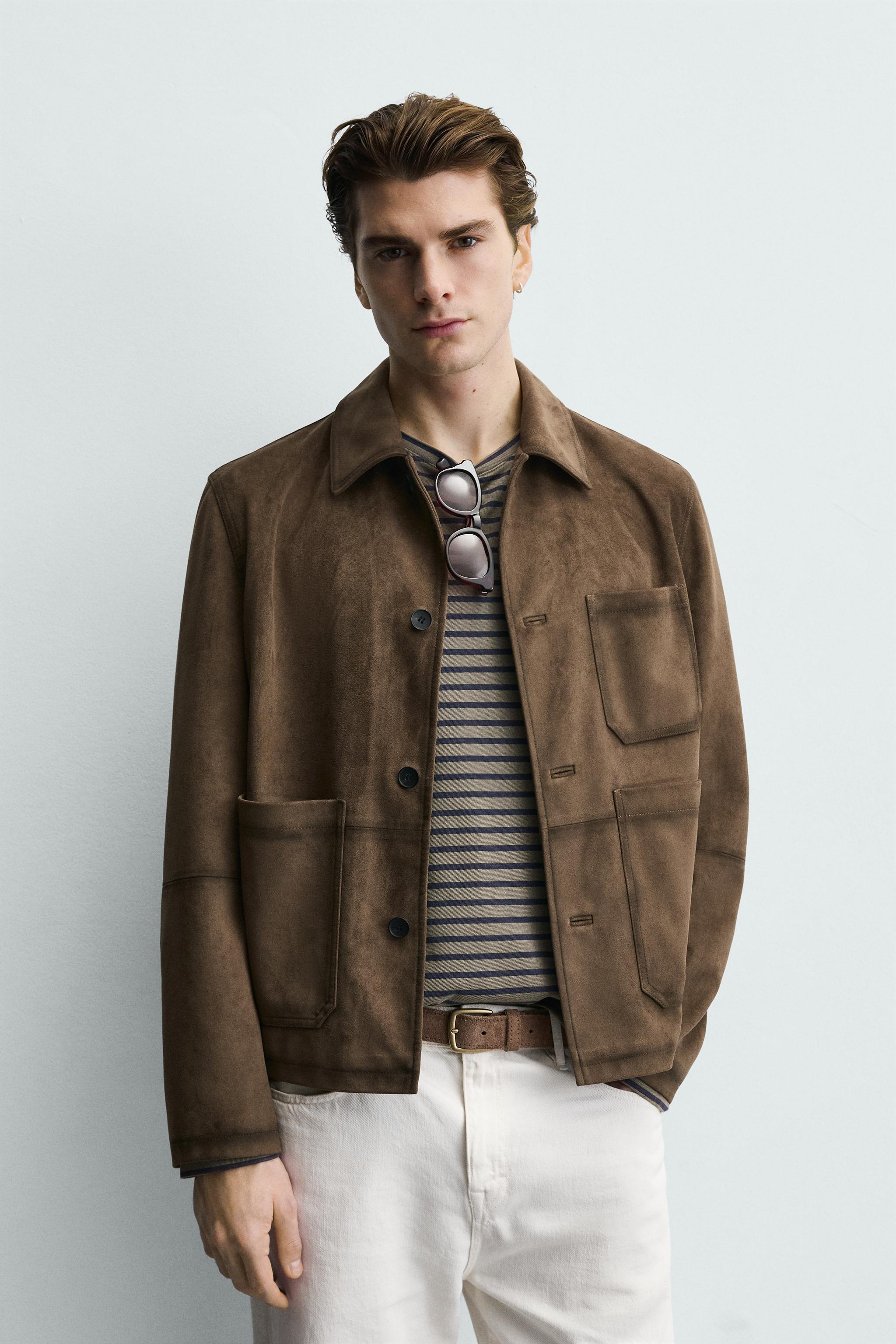 REGULAR FIT FAUX SUEDE OVERSHIRT — taupe brown