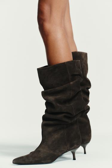 SPLIT SUEDE KITTEN HEEL BOOTS - Brown by Zara - Image 1