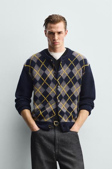 100% WOOL ARGYLE CARDIGAN - Blue by Zara