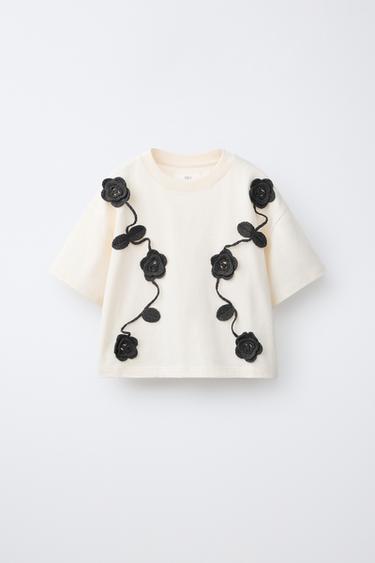 Zara CROCHET FLORAL T-SHIRT - Ecru