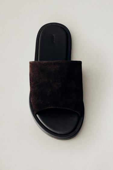 Zara LEATHER SLIDES - Brown