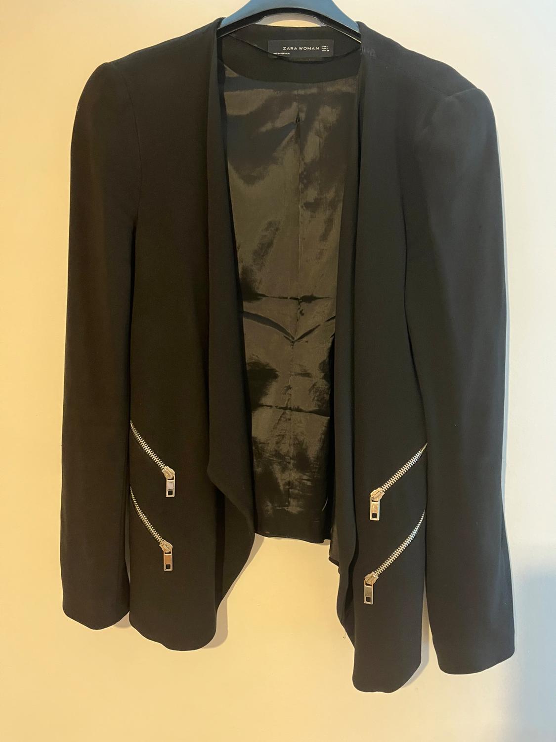 Front view of a black jacket with visible side zips.