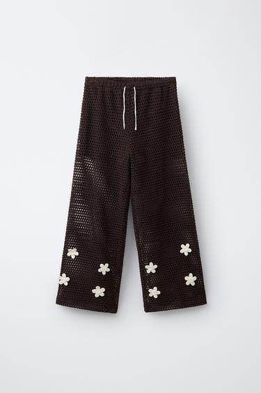 WIDE-LEG CROCHET FLORAL TROUSERS - Brown by Zara
