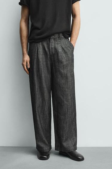Zara RELAXED FIT COTTON - LINEN PANTS - Black / White