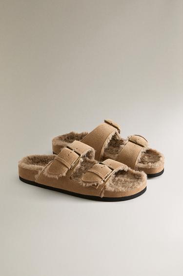 SANDALES CHAUDES EN CROÛTE DE CUIR À DOUBLE BOUCLE - Gris taupe de Zara - Image 1