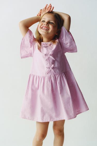 VESTIDO DE POPELINA COM LAÇOS BORDADOS - Rosa / Lilás da Zara