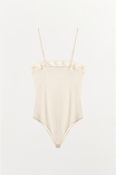 Zara FINE KNIT LACE BODYSUIT - Ecru